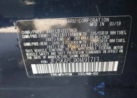 2019 Subaru Forester Sport from USA, damaged, VIN JF2SKAPC3KH491713